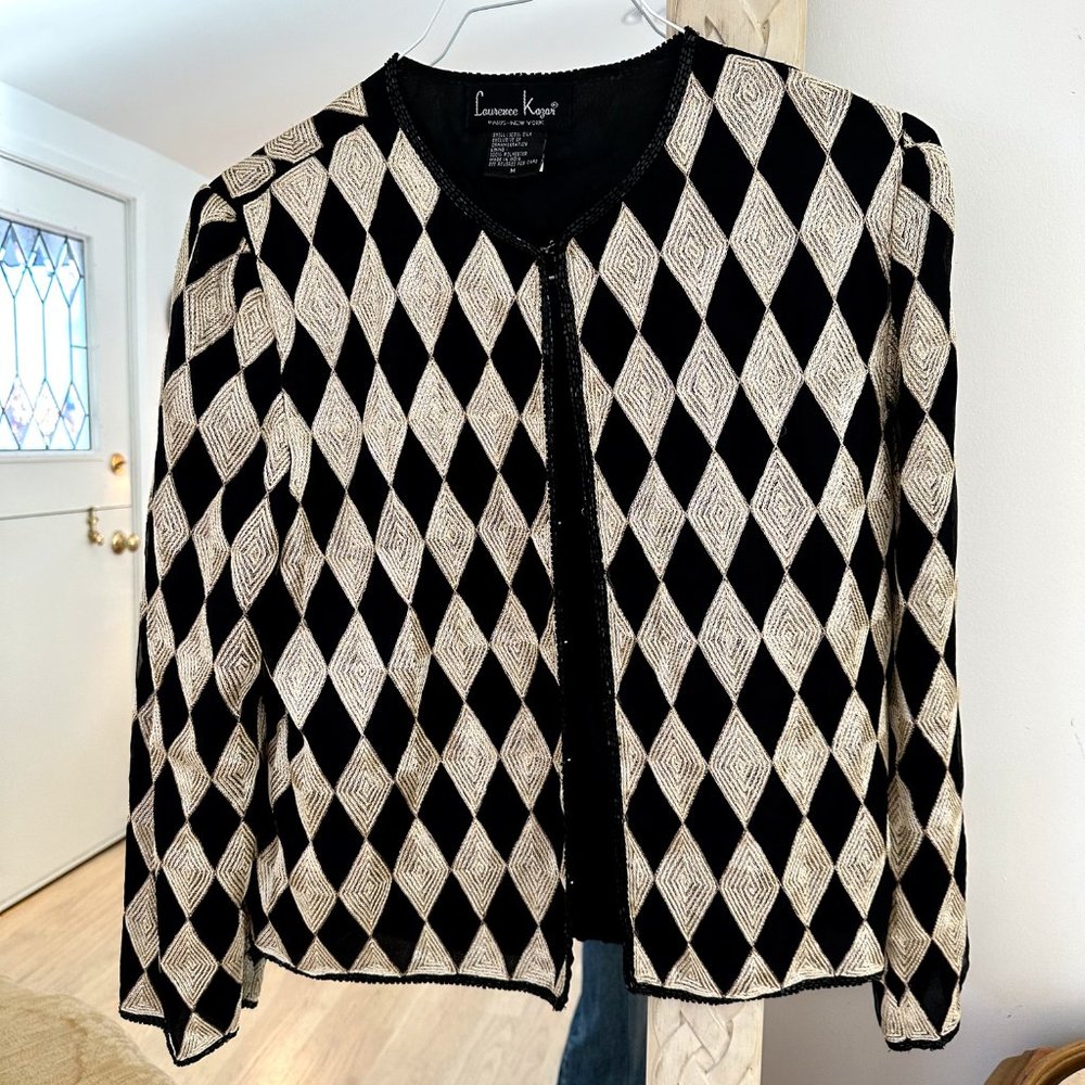 Vintage Laurence Kazar Blazer Jacket Woman’s Size M Gold Black Beaded 100% Silk